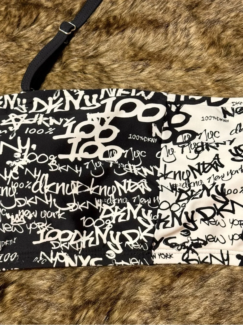 DKNY Black White Graffiti Bandeau Bikini Top NWT L